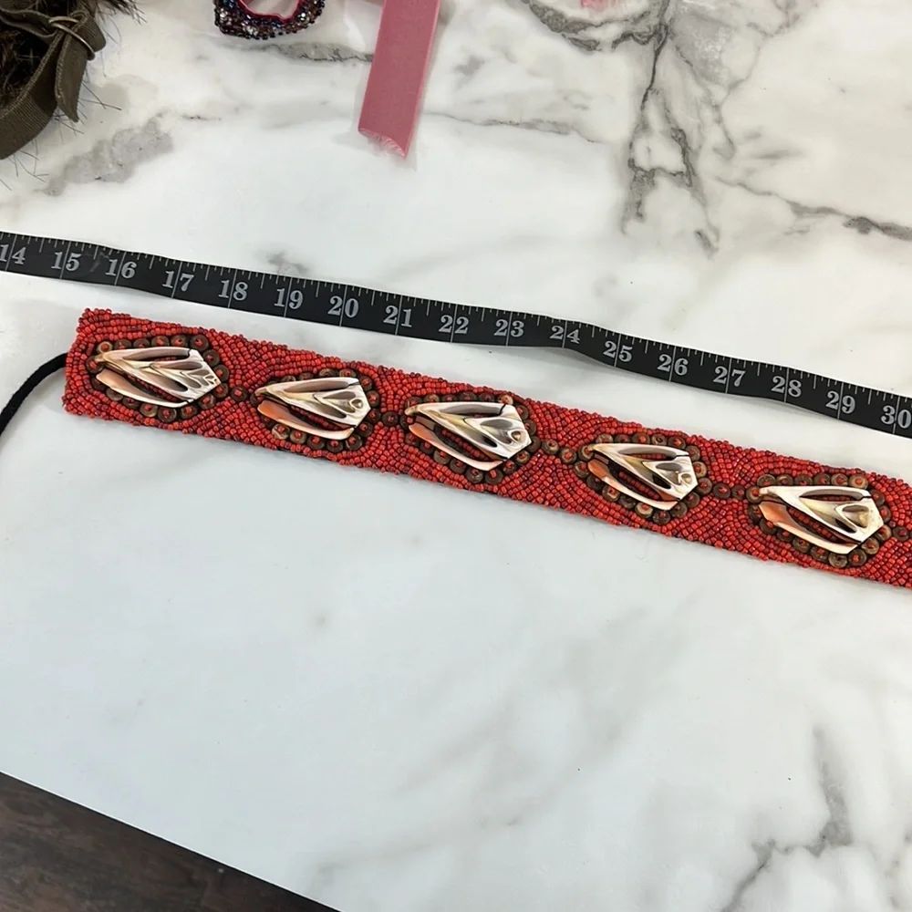 Vintage Coral Shell Beaded Belt Womens Size OS Large‎ Red Black African Mexican